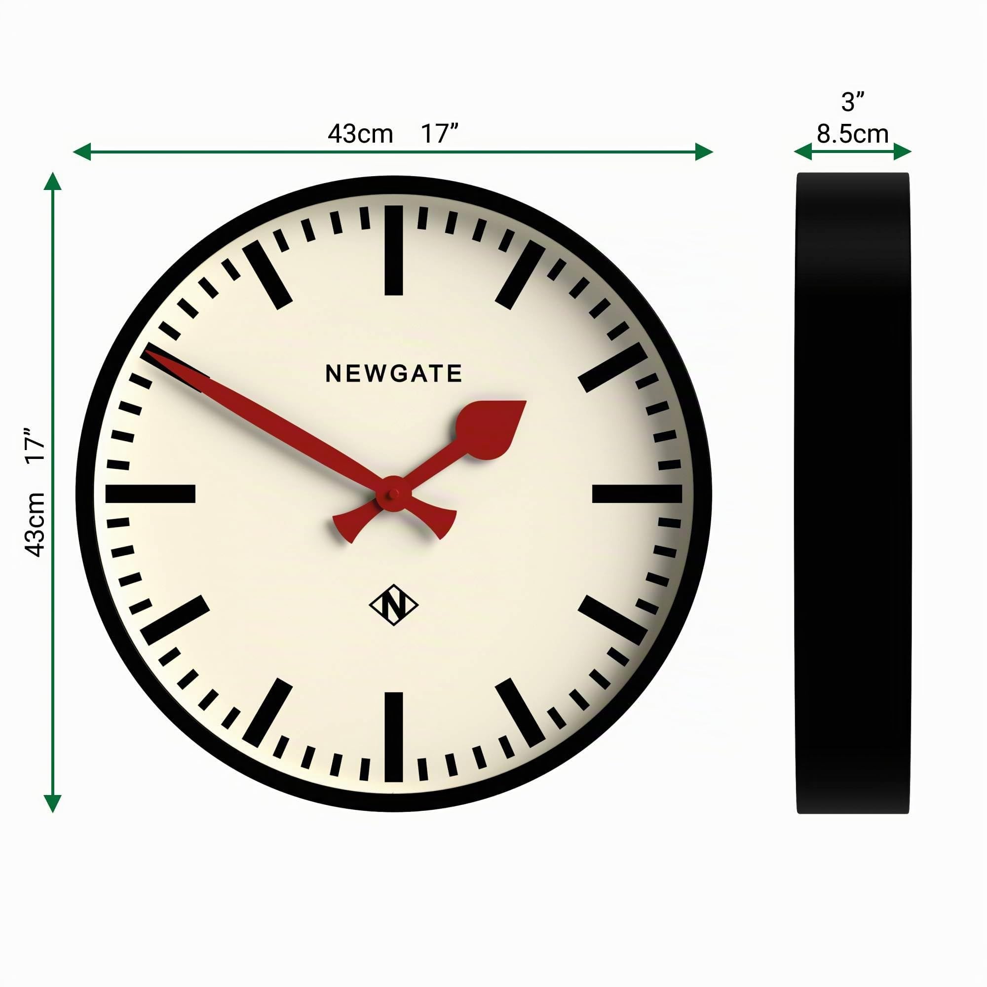 NEWGATE® Universal Reloj de Pared | Gran y Moderno Reloj Vintage de estación | 43cm | Caja de Metal Negro Mate Profundo con Manos de Metal Rojo | Estilo de Mediados de Siglo
