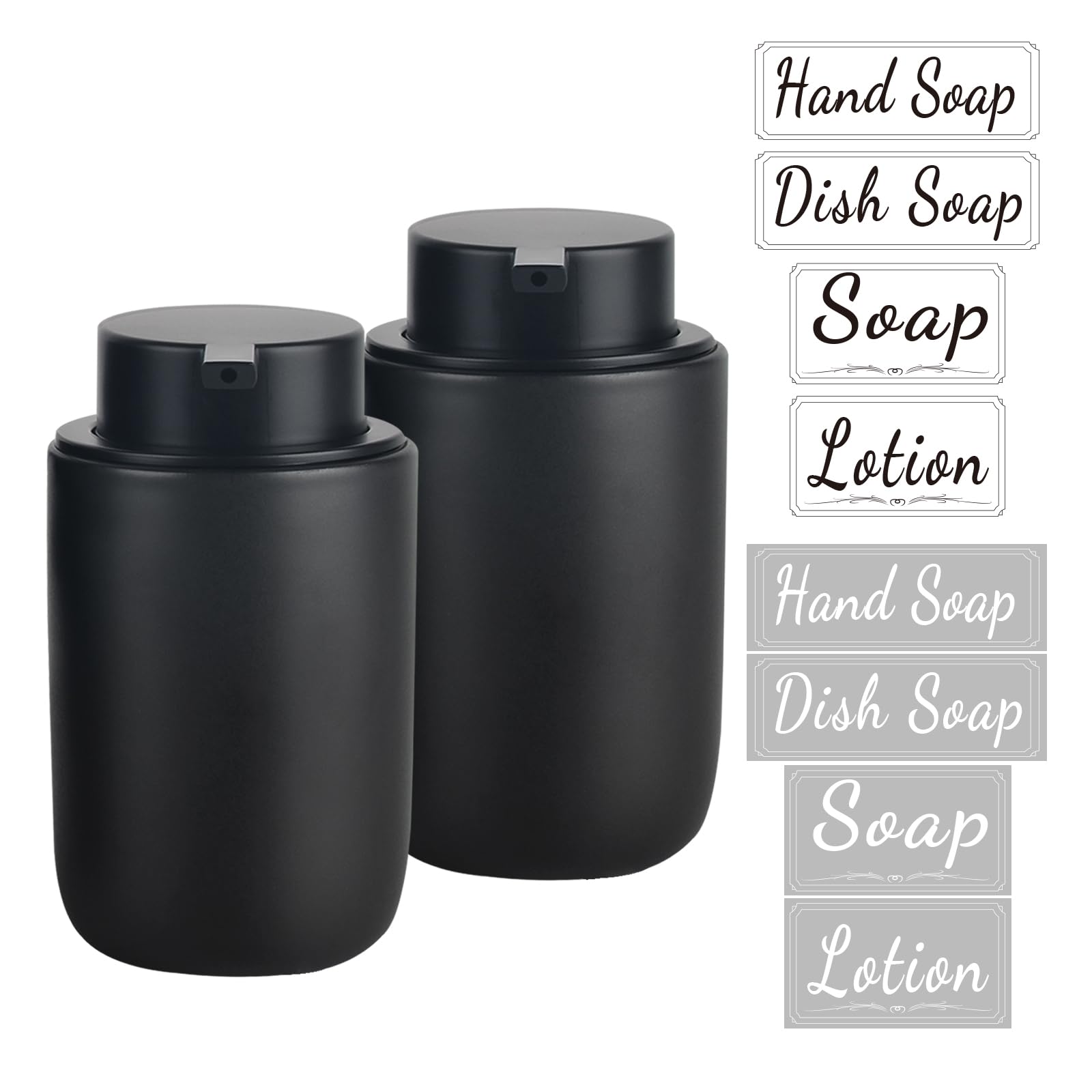 BosilunLife Black Soap Dispenser Set - 2 Pack 12oz Ceramic Dish Soap Dispenser with Rust Proof Pump for Kitchen, Hand Soap and Lotion Set Suitable for Farmhouse Bathroom Decor with Waterproof Labels