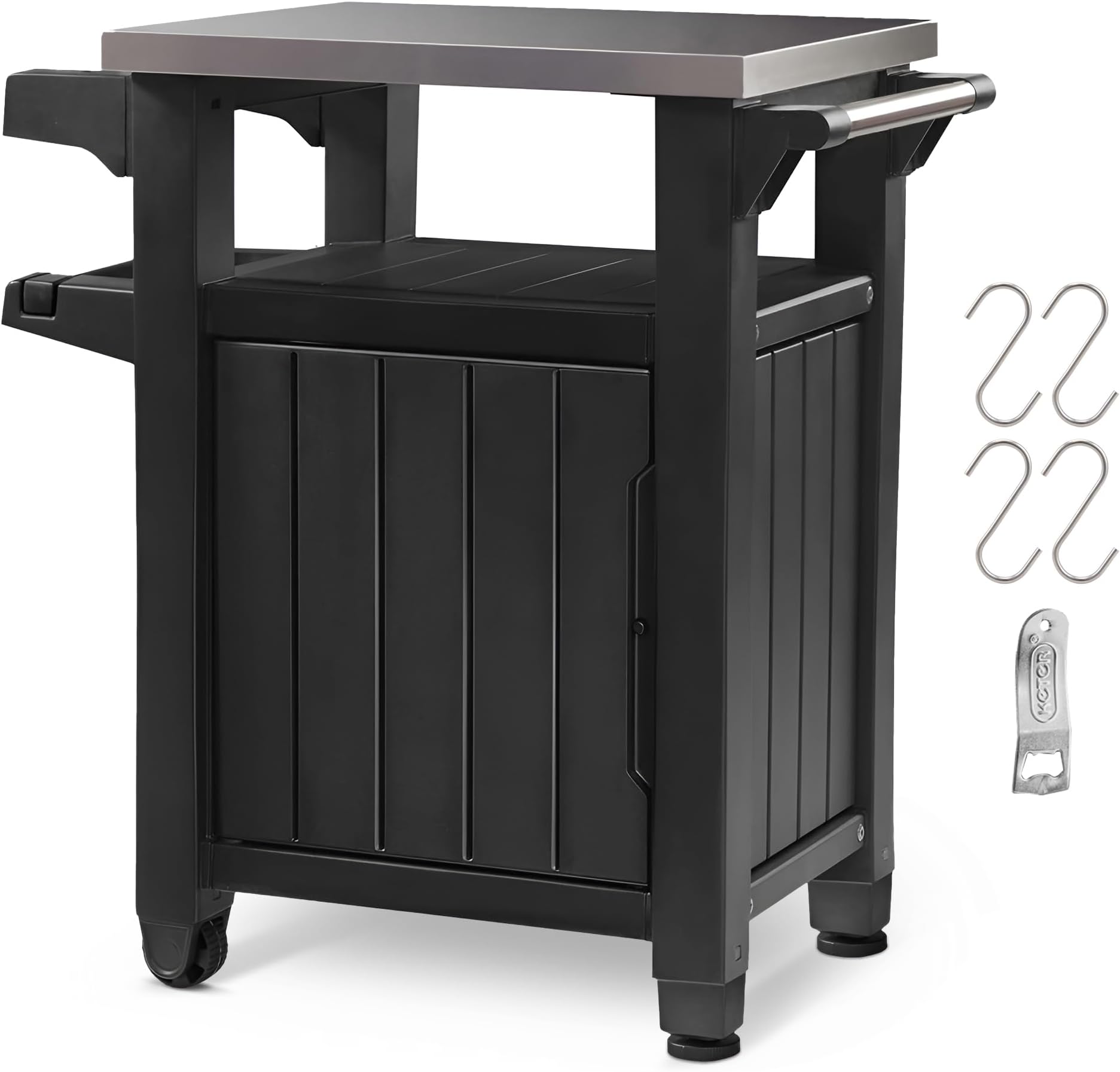 Unity Small 40 Gallon Grill Prep Table and Storage Cart, Grey – BBQ Station with Wheels and Stainless Steel Top, Portable Serving Stand for Patio, Deck, and Backyard