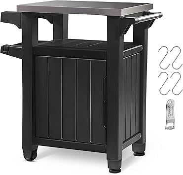 Keter Unity Small 40 Gallon Grill Prep Table and Storage Cart, Grey – BBQ Station with Wheels and Stainless Steel Top, Portable Serving Stand for Patio, Deck, and Backyard
