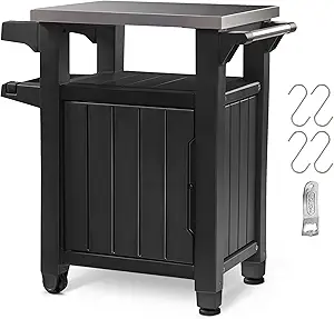 Keter Unity Small 40 Gallon Grill Prep Table and Storage Cart, Grey – BBQ Station with Wheels and Stainless Steel Top, Portable Serving Stand for Patio, Deck, and Backyard