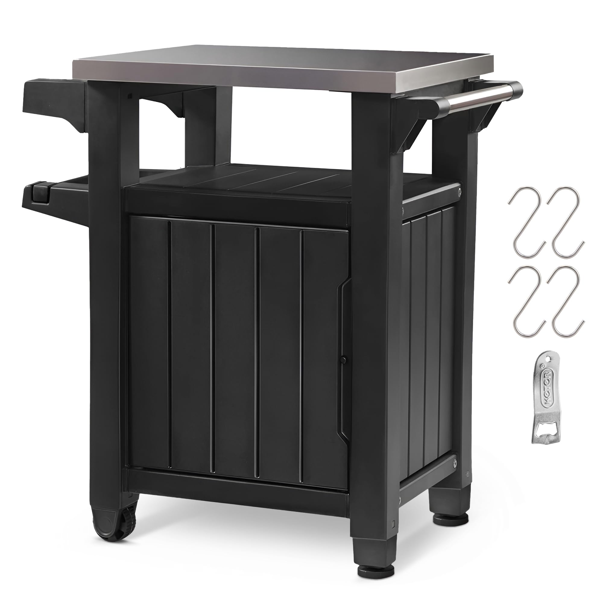 Keter Unity Small 40 Gallon Grill Prep Table and Storage Cart, Grey – BBQ Station with Wheels and Stainless Steel Top, Portable Serving Stand for Patio, Deck, and Backyard