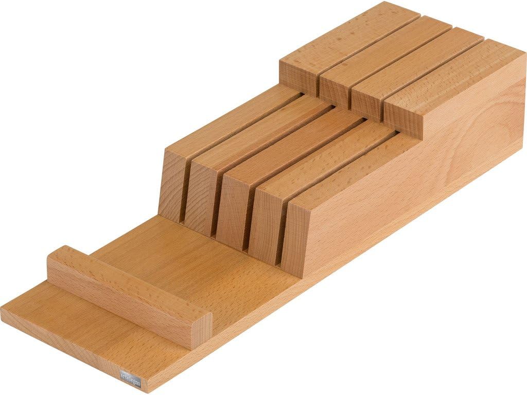 Artelegno Solid Beech Wood 7 Slot Drawer Knife Block, Luxurious Italian Collection by Master Craftsmen Stores High-End Knives Safely, Eco-friendly for Blades up to 9.6" - Natural Finish