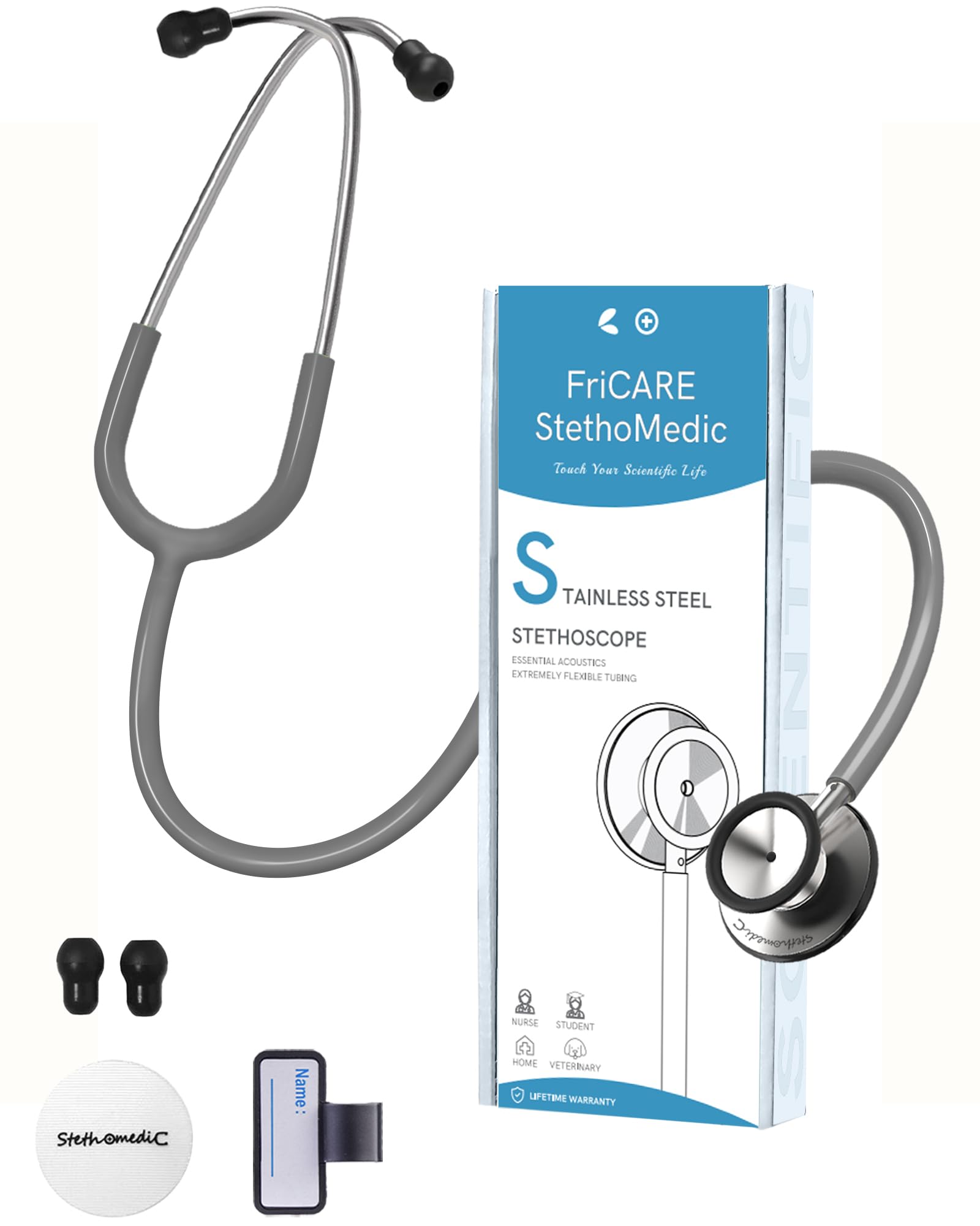 FriCARE Dual Head Stethoscope - Stethoscopes for Nurses, Medical Nursing Students, Paramedics/EMT/LVN/VNA Backup Estetoscopio, Haze Grey Tube, Stainless Steel Chestpiece