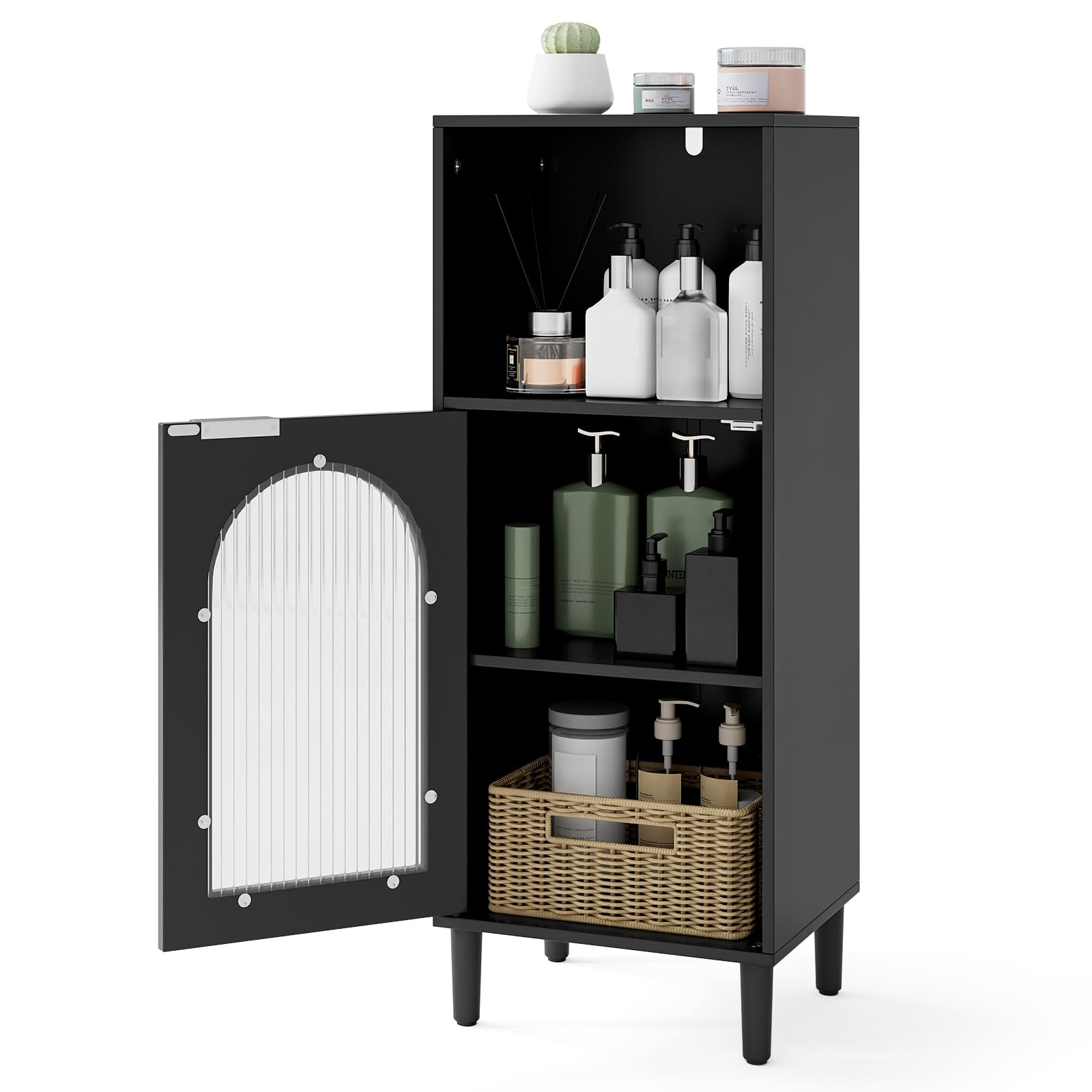 COSTWAY Bathroom Floor Cabinet, Freestanding Storage Cupboard with Tempered Glass Door & Adjustable Shelf, Solid Wood Legs Slim Bathroom Unit Cabinet for Living Room Hallway, 35x30x90cm (Black) — image 1