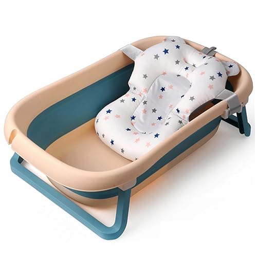 Bañera plegable para bebé con almohadilla de baño, bañera portátil con termómetro y orificio de drenaje, bañera para bebés a niños pequeños de 0 a