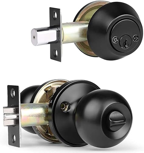 Miniatura 1 de Juego de cerradura de puerta de entrada con llave negra plana y cerrojo de doble cilindro, con llave similar, cerraduras de puerta para puerta