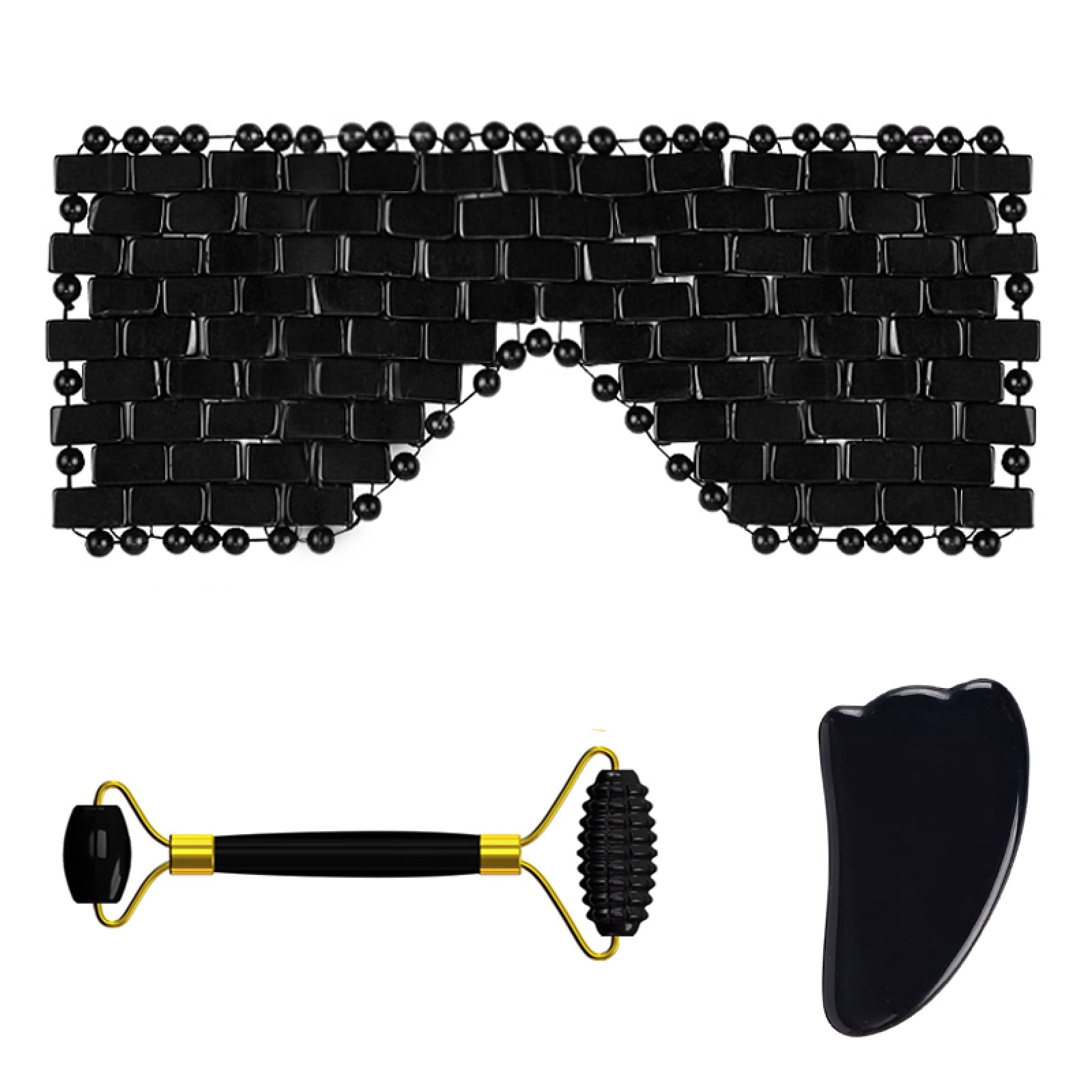 Mascarilla Facial de obsidiana Natural Rodillo de Masaje for el Cuidado Facial Tablero Gua Sha Black Crystal Eye Relax Care Tools, Juego 6 en 1 Inicio Colecciones (Color : 3in1 Set-Ci-yl)