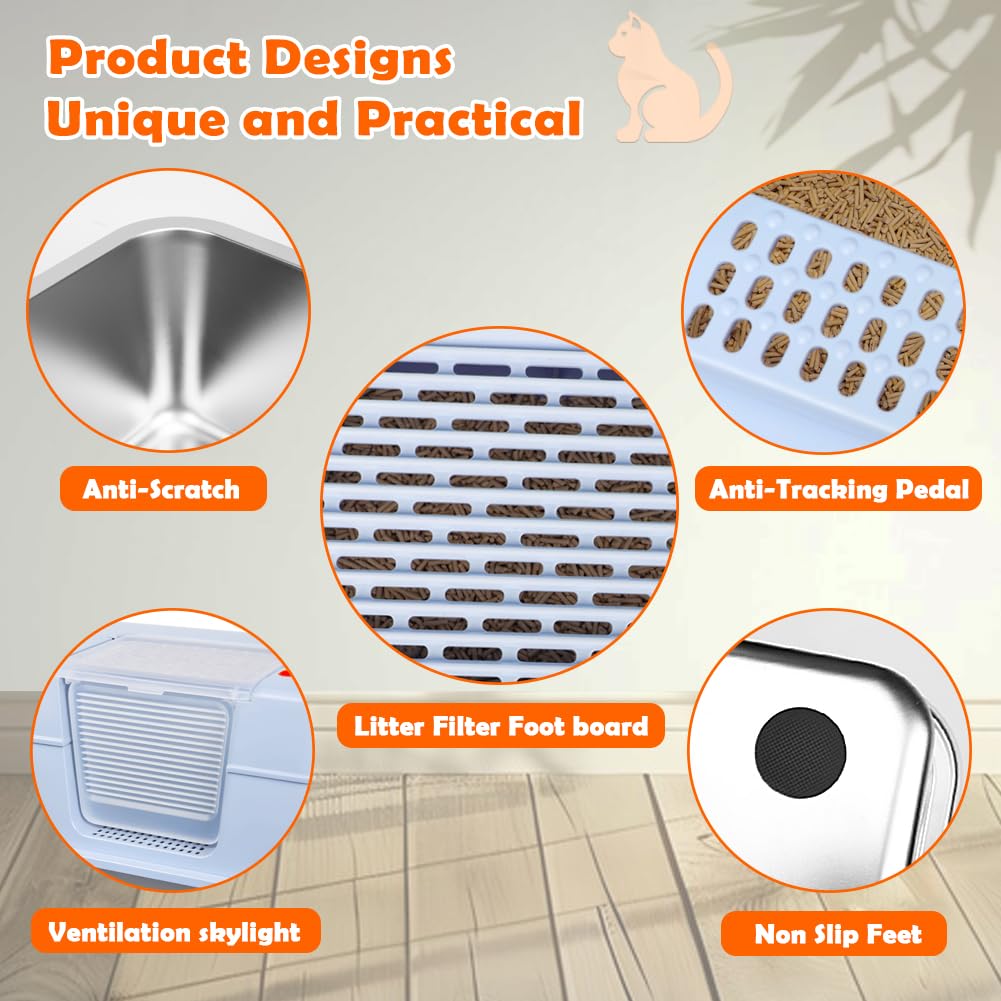 Vivifying - Cama para gatos de acero inoxidable con tapa, talla XL, fácil de limpiar y resistente a los olores, de acero inoxidable, con pedales, pala y alfombra(azul)