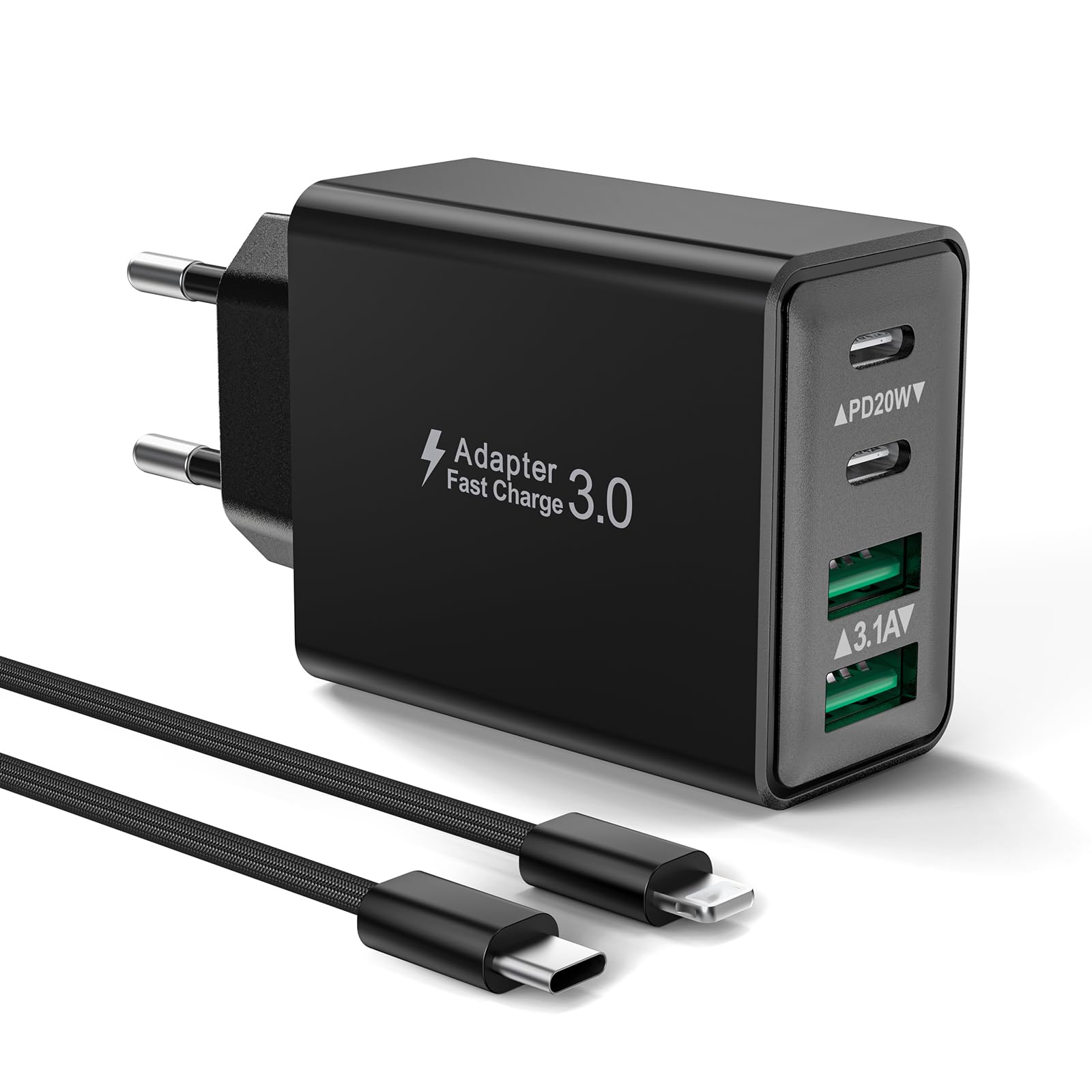 Caricatore for iPhone, 40W 4-Porto Caricatore USB for iPhone 14 13 12 11 X XS XR 8 7, Caricabatterie Rapido iPhone with 2M Cavo USB C- Lightning Spina Adattatore Alimentatore USB Multiplo