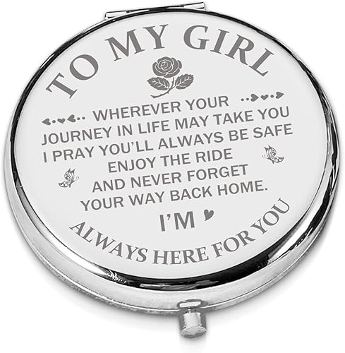 LRUIOMVE Regalo para niña de mamá y papá, inspirador espejo de maquillaje de viaje grabado plateado, espejo cosmético de bolsillo compacto para