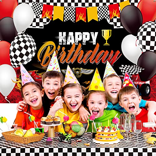 67 Pieces Race Car Birthday Decorations Happy Birthday Racing Car Backdrop Checkered Flags Balloons Black White Checkered Flag Table Cover For Kids Boys Let's Go Racing Happy Birthday Party Supplies #TOP4