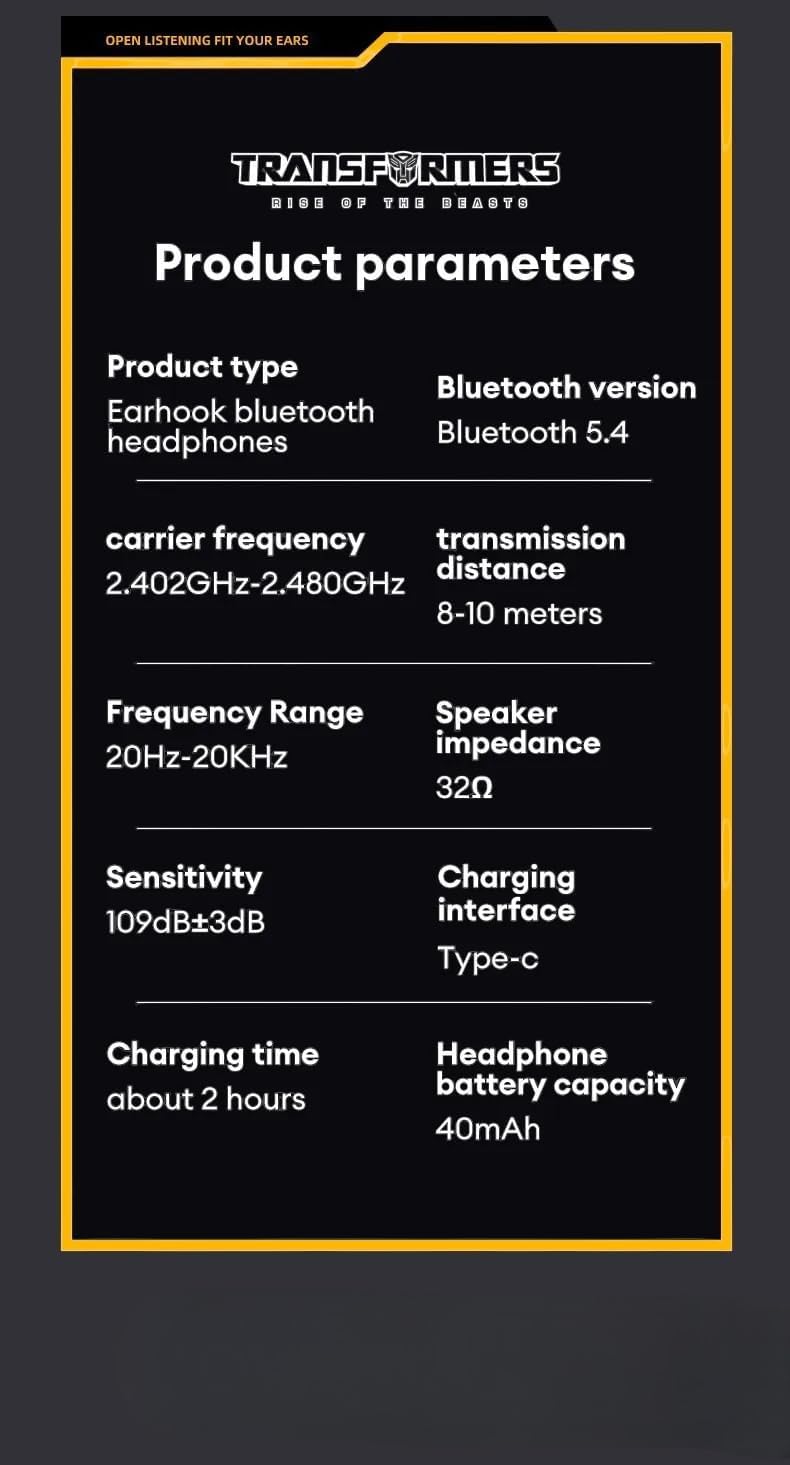 A graphic displaying product parameters for Transformers TF-T07 headphones, including product type, Bluetooth version, frequency, impedance, sensitivity, charging time, and battery capacity.