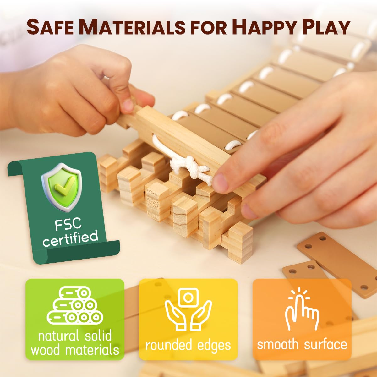 Jovi-Mindly & Notchies - Juego de 96 bloques de construcción de madera para niños a partir de 4 años, construcción creativa, cabaña imaginativa con bolsa de almacenamiento, juguete educativo STEM para