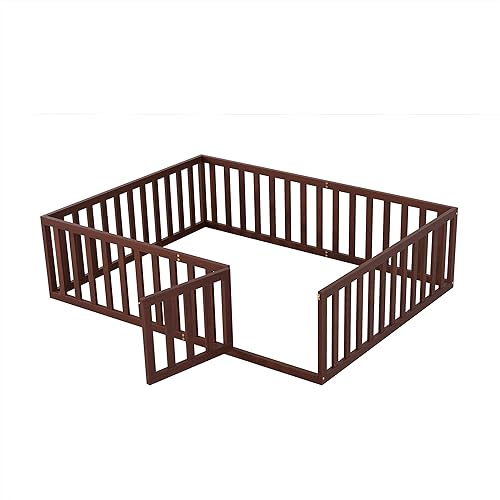 Miniatura 7 de Cama de suelo de madera, marco de cama duradero con valla y puerta para dormitorio de niños y niñas, no necesita somier (nogal, tamaño Queen