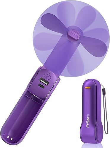 FrSara Ventilador de mano portátil recargable, ventilador de bolsillo pequeño recargable por USB, batería de 2000 mAh con banco de energía, batería