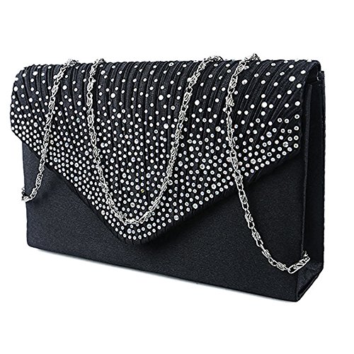Enjoygoeu Bolso de Mano de Boda Nupcial Fiesta Ceremonia Clutch Diamantes Cartera de Mano para Mujer Salidas Satén Tipo Clutch con Color Silver Negro Azul Oscuro Violeta (Negro)