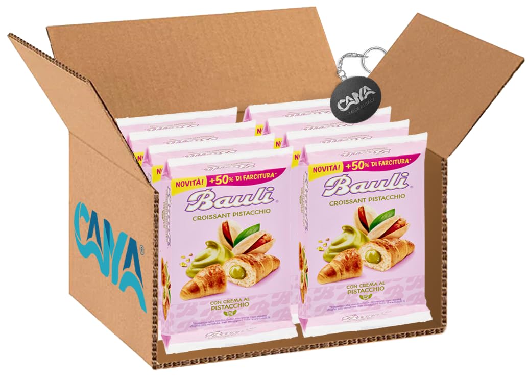 8X Bauli Croissant Pistacchio Cornetti con Crema al Pistacchio con Extra Farcitura 5 Monoporzioni 250g [CAIYA® BOX da 8 Confezioni]