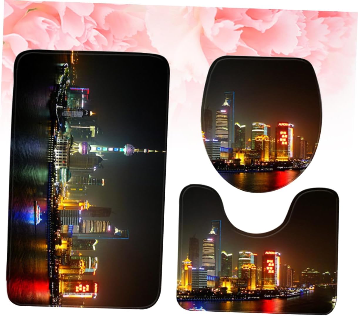 1set Closetool Lid Cover Toilet Floor Mats Night Scene Design Absorbent Material