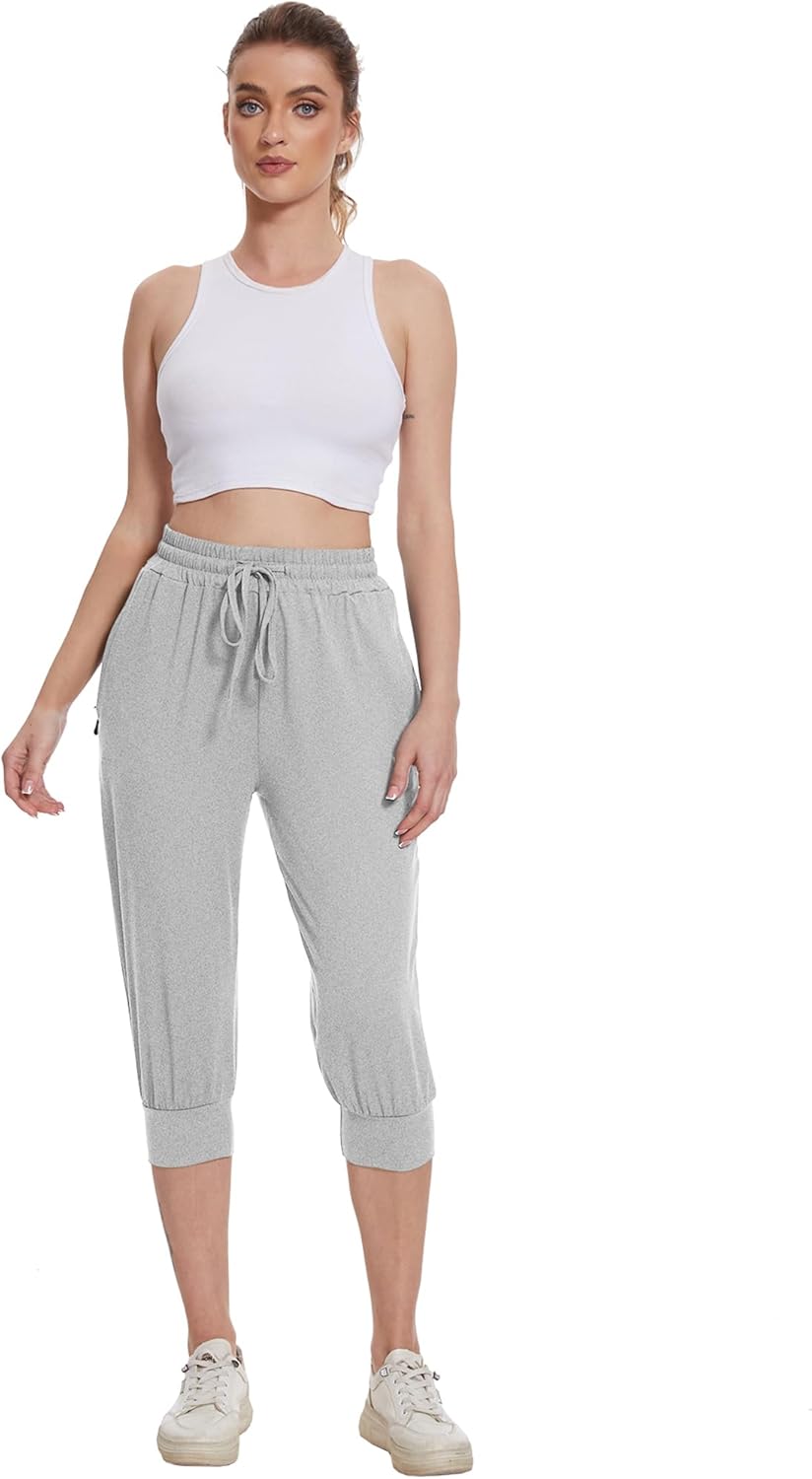BATHRINS Womens Lightweight Sweatpants Capri Pants Summer Workout Hiking Capris Comfy Joggers with Zipper Pockets - Image 3