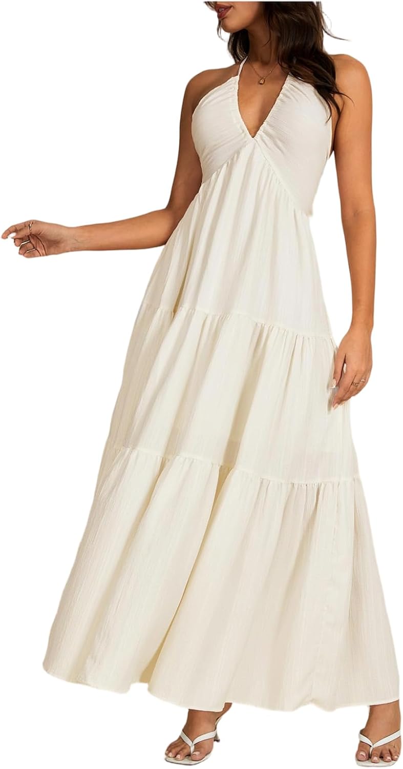 Women's Halter Neck A-Lined Maxi Dress Summer Boho Sundress Sexy Backless Flowy Ruffle Dress Beach Vacation Outfits - Image 2