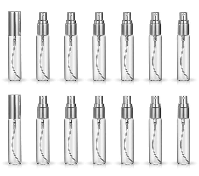 ZbFwmx Frascos de Spray para Perfume em Vidro, 10 mL, Prateados, Pacote com 20 e conta-gotas de 1 mL