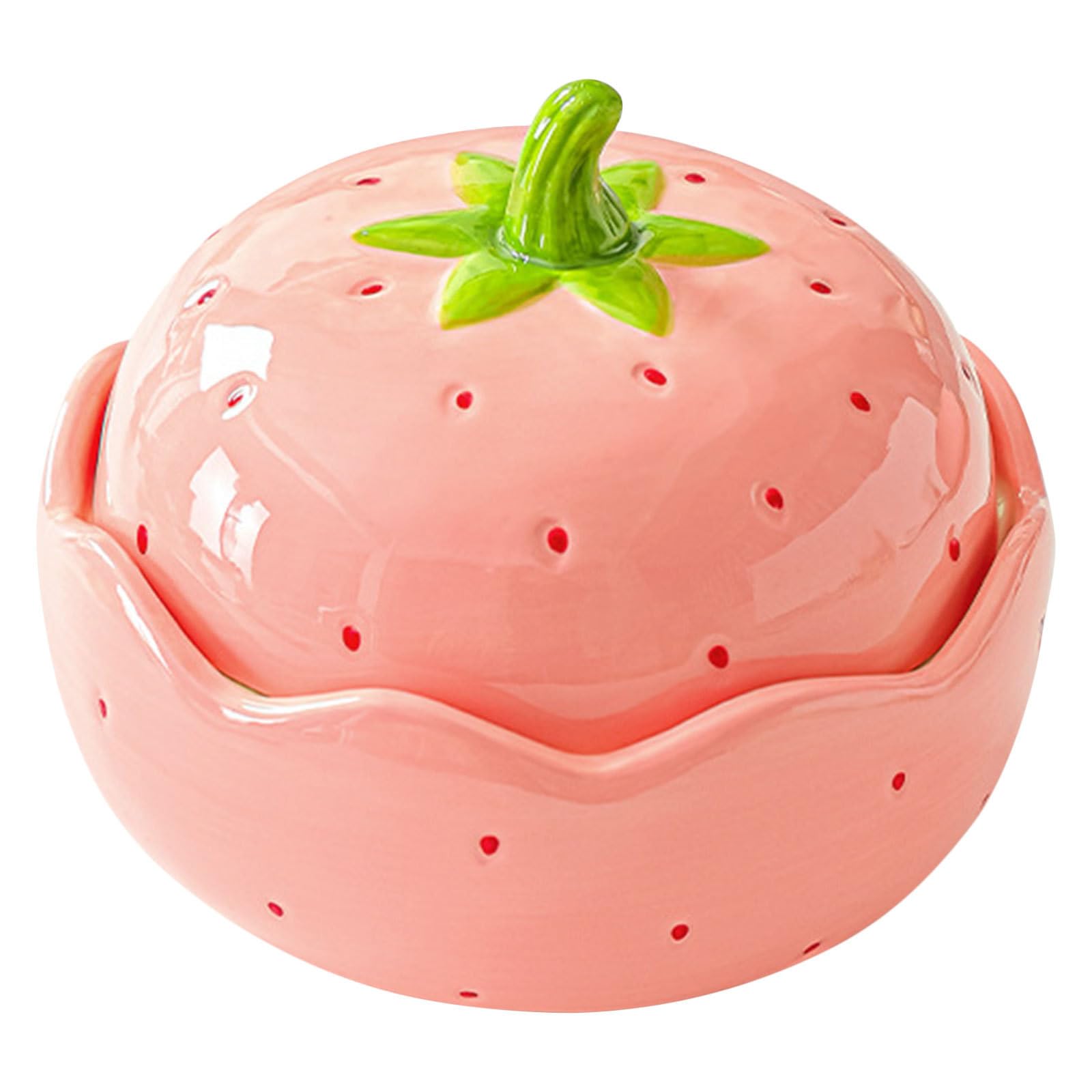 Operitacx Tazón de Ramen de Cerámica con Forma de Fresa y Tapa, Apto para Microondas, Capacidad 600ml, Diseño Decorativo Encantador para Comidas en Casa y Oficina