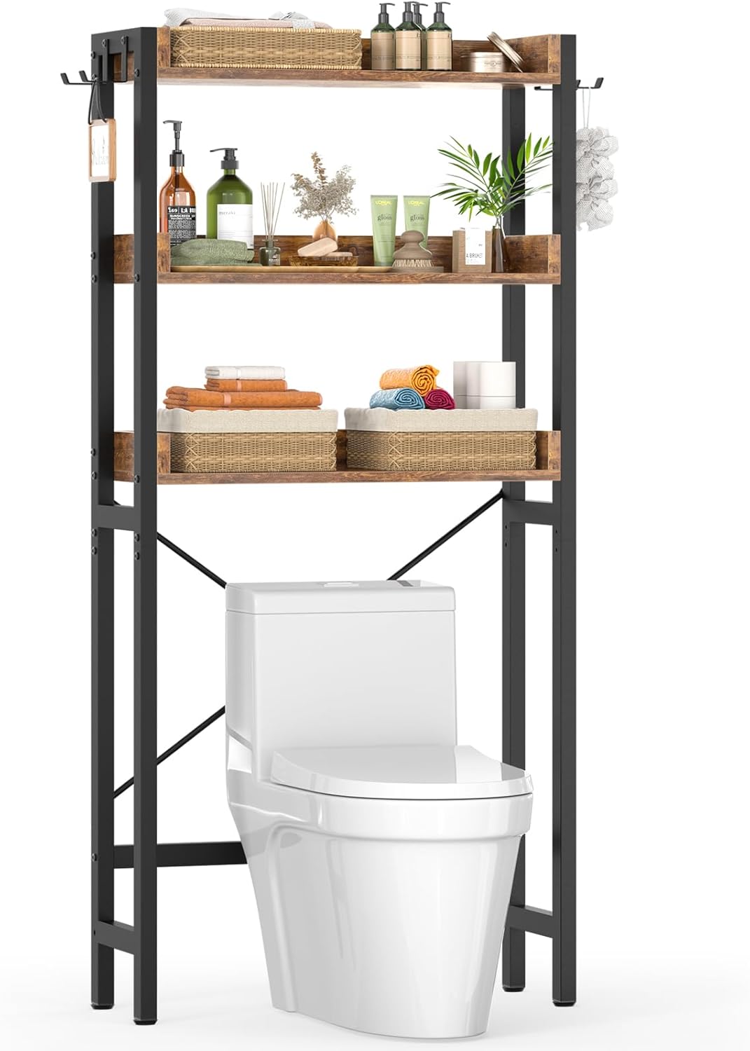 Ecoprsio Over-The-Toilet Storage Rack, 3-Tier Bathroom Organizer Shelf Over Toilet, Freestanding Space Saver Toilet Stands with 4 Hooks, Rustic Brown Ecoprsio Over-The-Toilet Storage Rack, 3-Tier Bathroom Organizer Shelf Over Toilet, Freestanding Space Saver Toilet Stands with 4 Hooks, Rustic Brown