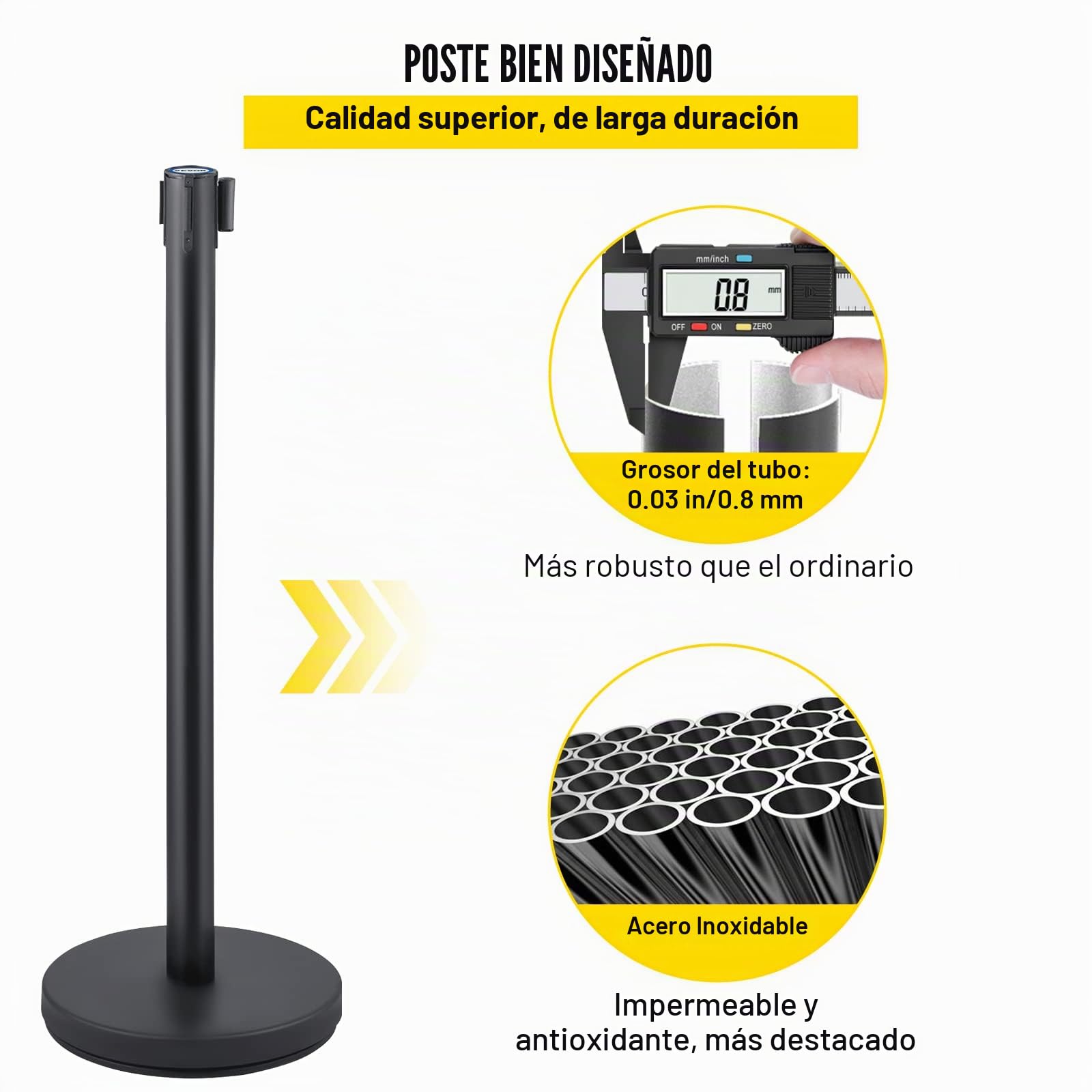 VEVOR Postes Separadores 6 piezas Altura 90 cm Negros Poste Separador con Cinta Extensible de 2 m Roja Conexión de 4 Vías Diámetro de Base 32 cm Postes de Barrera de Control de Multitudes Retráctiles