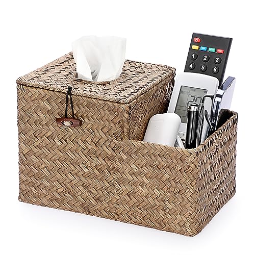 Sumnacon Tissue Box Cover Square Tissue Box Woven Seagrass Tissue Box Holder with Side Organizer, Rustic Tissue Holder for Living Room Bathroom Bedroom Kitchen Office Table Desk, Coffee