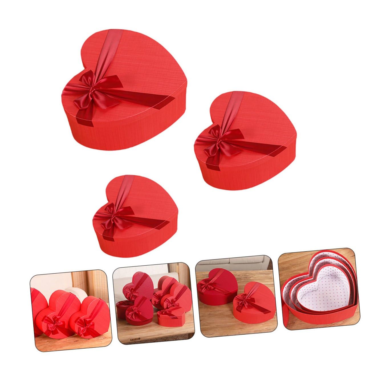 HOODANCOS Herzförmige Geschenkbox 3 Stück Rot mit Deckel und Schleife Papier Aufbewahrungsbox für Valentinstag Hochzeit Kosmetik und Party