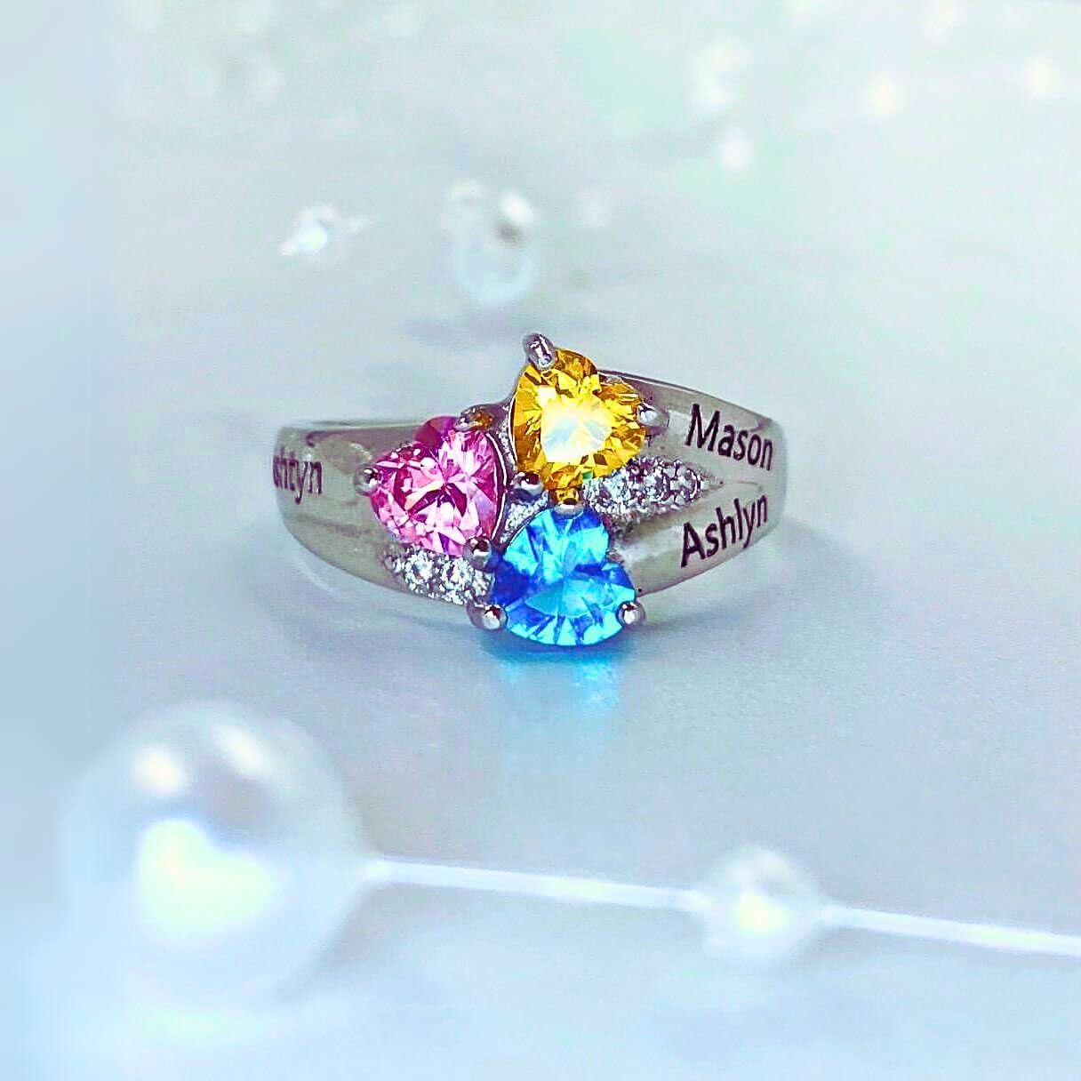 PaulaMax Jewelry Mothers Ring with 3 Birthstones 3 Names Engraved, Sterling Silver or White Gold, Customized Personalized Ring for Women, Sizes 5-12 - Image 5