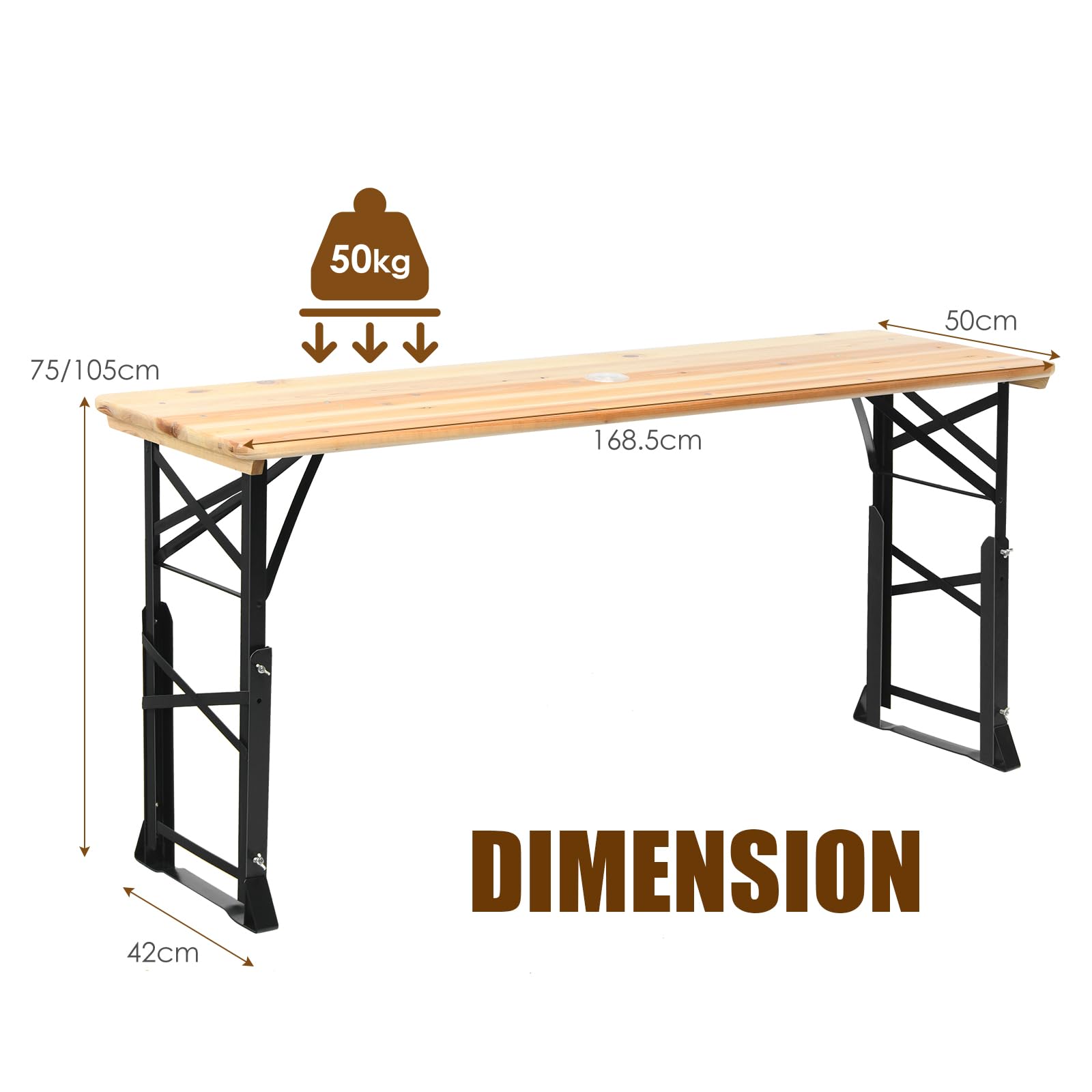 KOMFOTTEU Table à Bière d'Extérieur, réglable en Hauteur (75 cm-105 cm), Table Bar de Jardin Pliante, Table de Pique-Nique avec Trou de Parasol, 168,5 x 50 cm (L x l), narurel & Noir