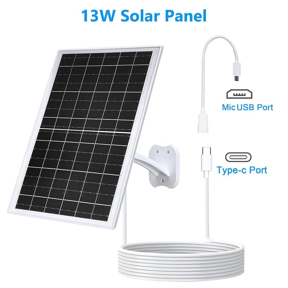 Caricatore per pannello solare da 13 W per telecamere di sicurezza, impermeabile IP68 con porte USB-C/Micro-USB/DC, supporto regolabile a 360°, cavo da 2,2 m, per alimentazione esterna