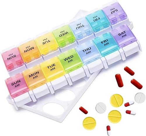 Miniatura 2 de Organizador semanal de píldoras con botón fácil de presionar, pastillero, organizador de píldoras, pastillero de 7 días AM PM, dispensador grande