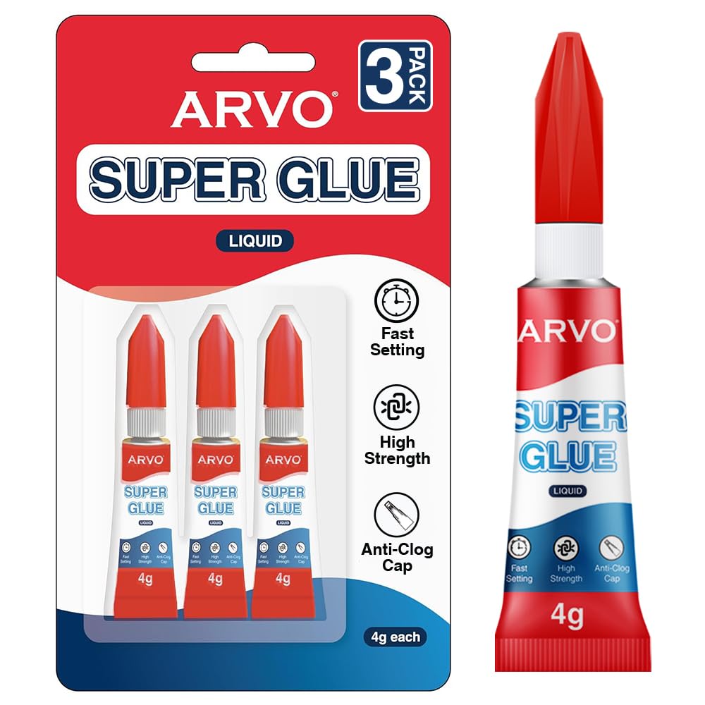 ARVO Super Glue Liquid 12g (Pack of 3 x 4g) – All-Purpose Fast-Drying Adhesive with Impact Tough Bond & Anti-Clog Cap for Metal, Ceramics, Leather and More