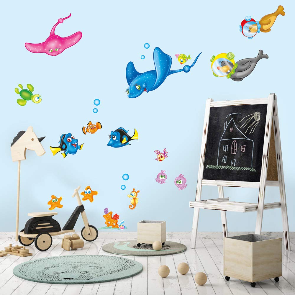 RCC0042 Stickers muraux Effet Tissu Doux décoration Murale bébé Nouveau-né pépinière Chambre Maternelle Papier Peint adhésif - Poisson mer océan