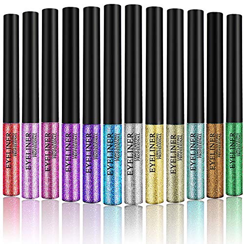 Glitter Liquid Eyeliner Hisight 12 Colors Waterproof Shimmer Metallic Colorful Eyeliners, High Pigmented Bright Silver Gold Green Eye Liner Pen Set (12 PCS)