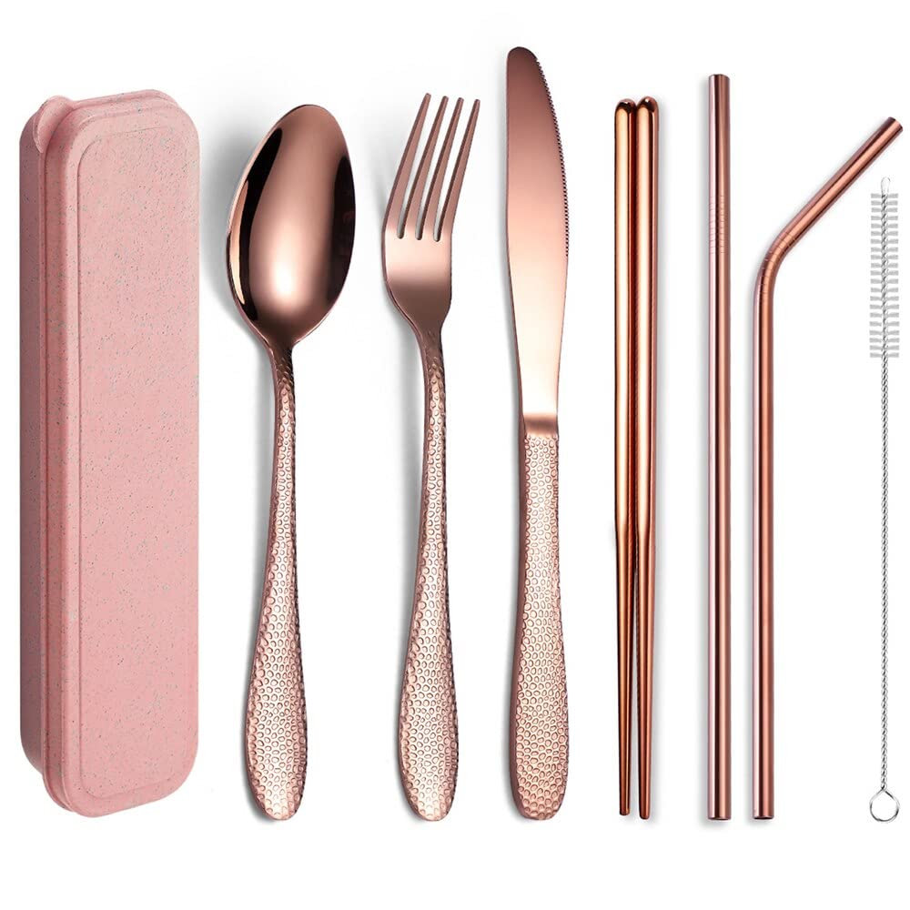 Tragbares Besteck-Set mit Box, Edelstahl, Essstäbchen, Gabel, Löffel, Grasmesser, Grasbürsten-Set, Reisen, Camping, Schule, geeignet für 7-teilig (Color : 7Rose Golden) (7rose Golden)