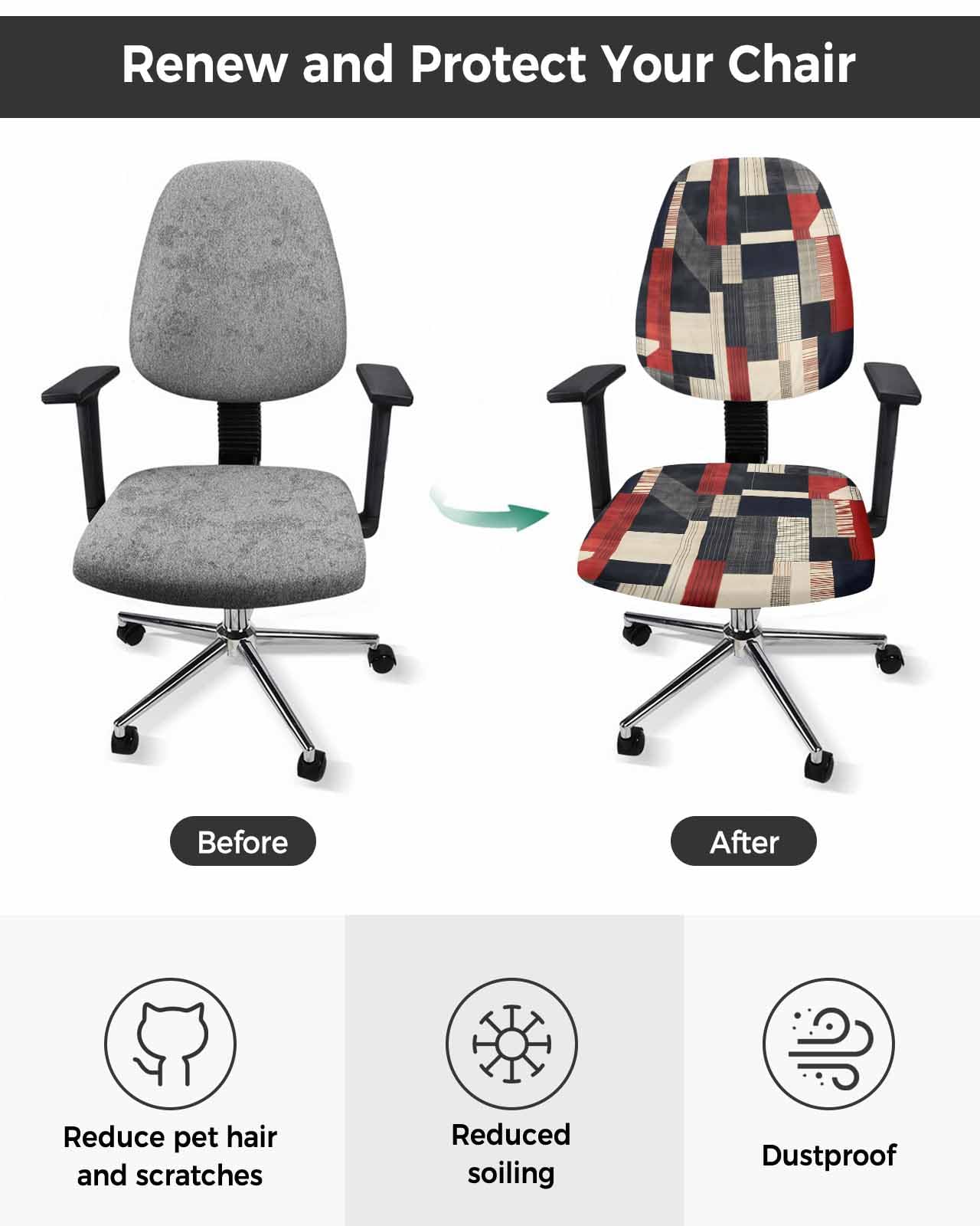 Red Black Beige 2 Pieces Computer Office Chair Covers Set,Stretchable Desk Rotating Chair Seat Cushion Slipcover Back Covers,Retro Abstract Geometric Striped Art Slipcover Back Cover,Protectors Cover