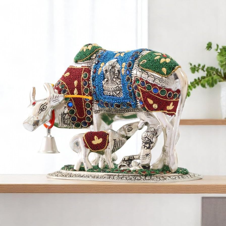 Image of KridayKraft Gold Plated Kamdhenu Cow with Calf Metal Statue for Good Luck Feng Shui & Vastu Showpiece Religious Idol Fingures for Home and Office Table Decor