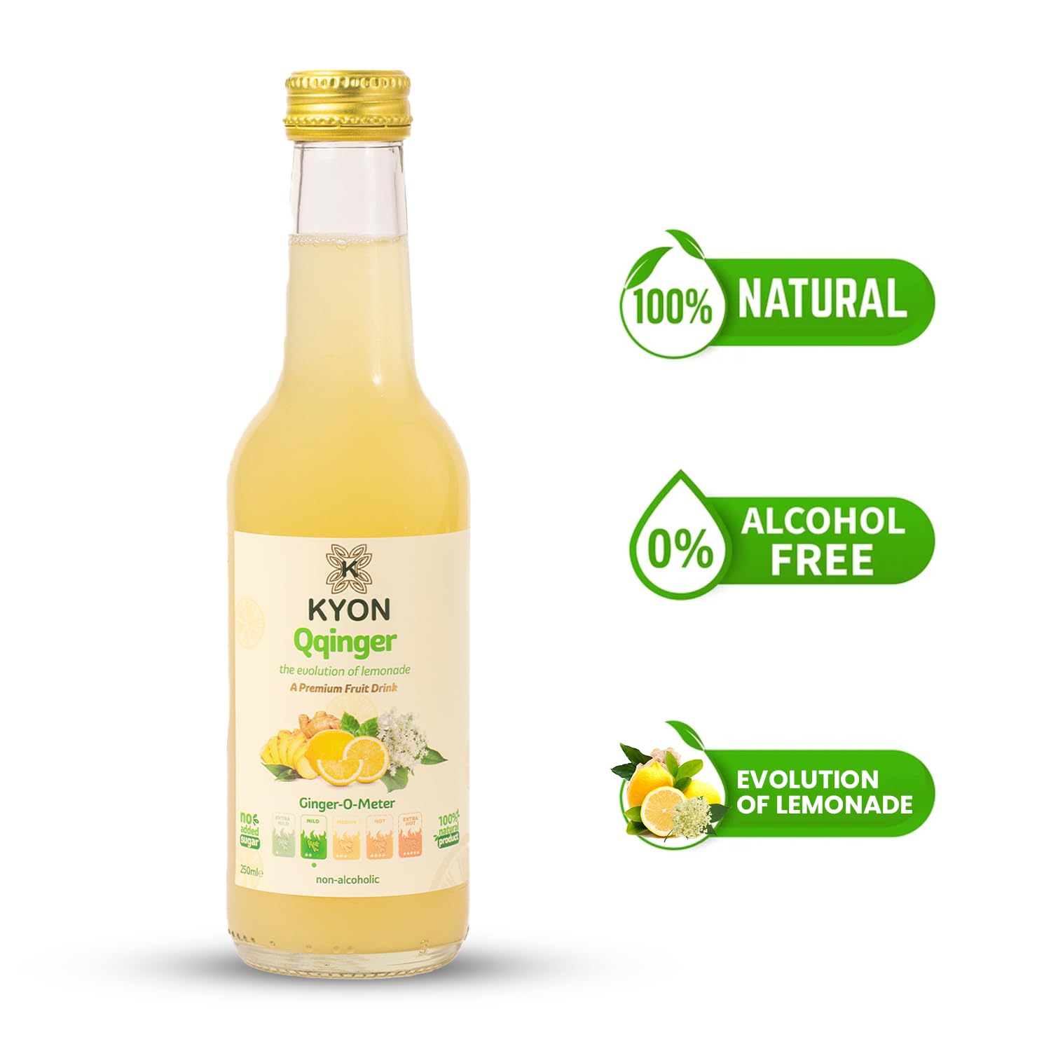 Bebida Kyon Qqinger – 250 ml de zumo de jengibre con limón, lima y flor de saúco. Refrescante y sin alcohol. Disponible en paquetes de 24. (250ml_24pk, Qqinger)