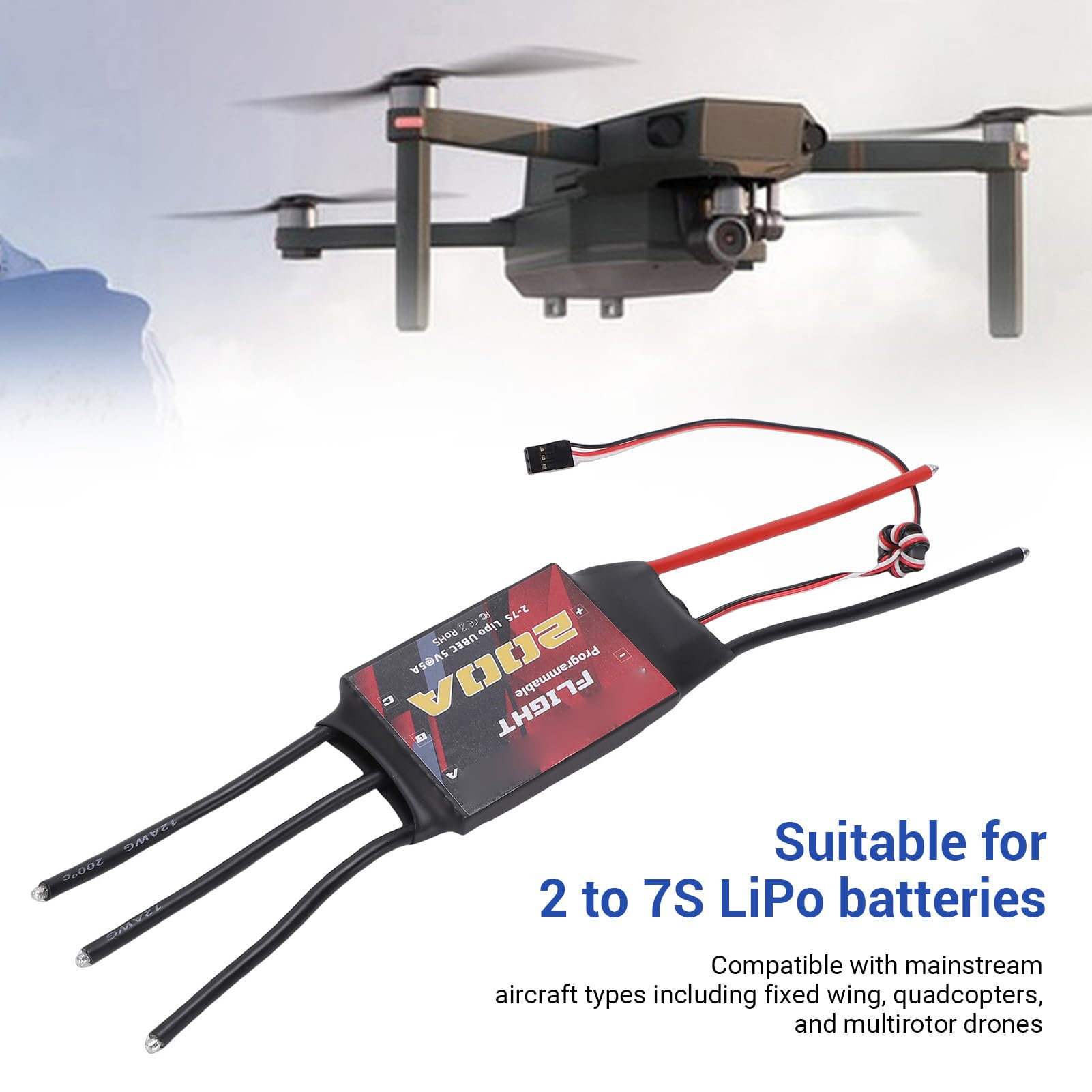 Naroote Bezszczotkowy ESC, Akumulator LiPo Drone ESC, Elektryczny Regulator Prędkości z płytką UBEC 5A, Idealny do Quadkoptera, 200A 2 do 7S