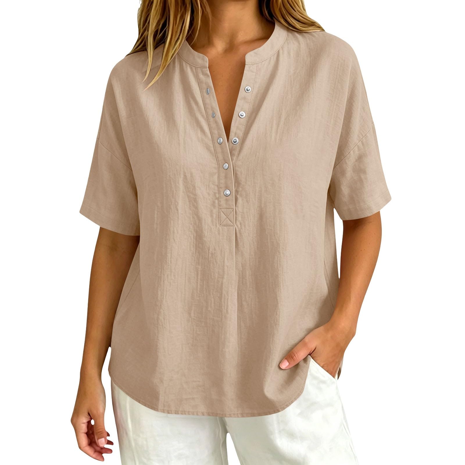 Chemise Femme Manche Courte Coton Lin - Blouse Femme Chic Et éLéGante Col en V Chemisier BoutonnéE avec Poche LâChe Grande Haut LéGer Et DéContracté Travail Couleur Unie