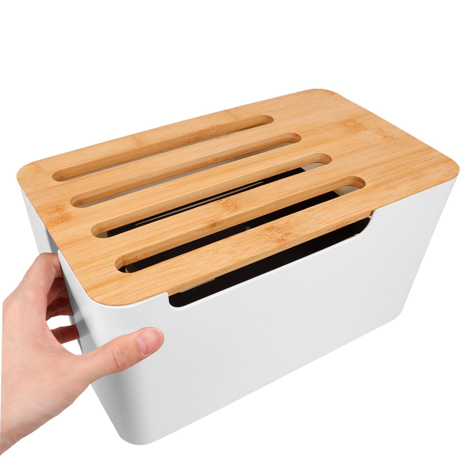 Operitacx Caja de Almacenamiento para Cables y Enchufes Organizador de Cables Hogar Caja de Regleta con Tapa de Bambú para Mesitas de Noche y Decodificadores