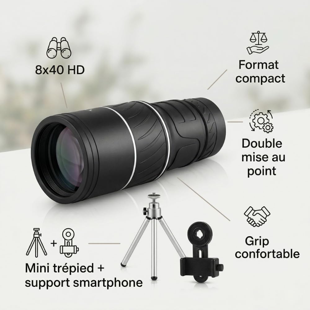Monoculaire Puissant 8x40 Compact HD avec Double Mise au Point, Mini Trépied et Adaptateur Smartphone, Télescope Monoculaire pour Observation Oiseaux, Randonnée, Voyage et Nature