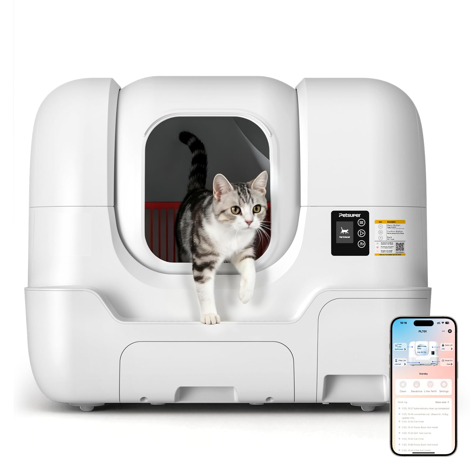 Automatic Cat Litter Box Self-Cleaning, Auto Sand Refilling, Auto Packing & Sealing, Auto Bag Replacement, One-Click Cleaning, Deodorization, APP Control, Radar Weight TOF Safety Sensors for Cats
