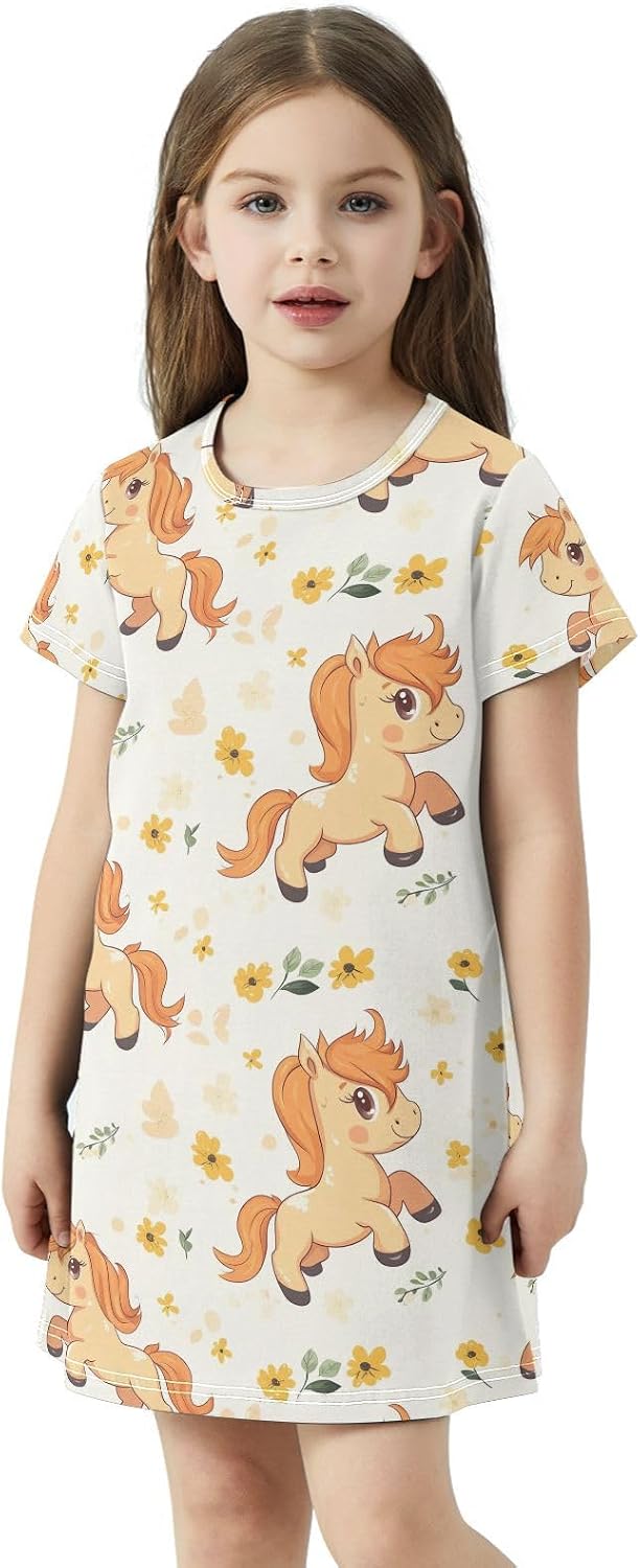 Kawaii Pony Girls Dresses Summer Dresses for Girls with Cotton Short Sleeves for Casual a Line Dress Size 2-8Y
