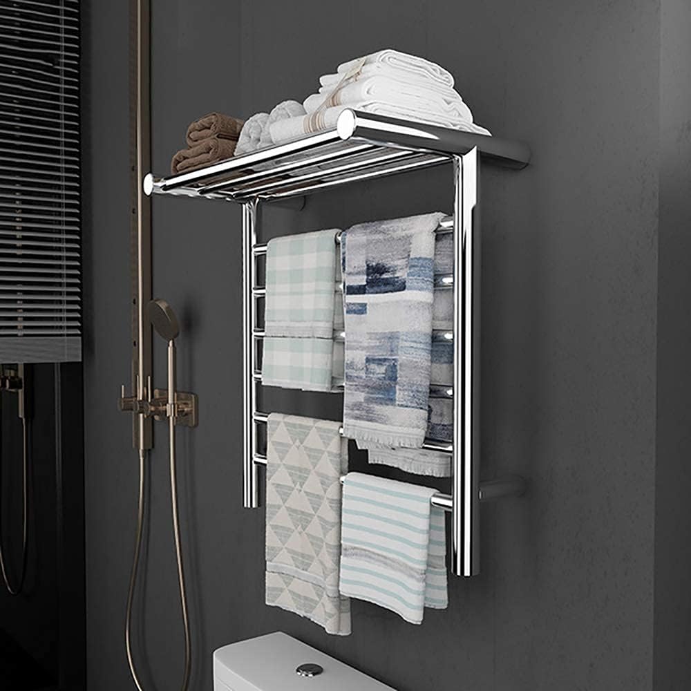 6 Bar Wall Mounted Towel Warmer with Top Shelf, Energy Efficient 105W Electric Heated Towel Rack for Bathroom, Towel Heater Rail On/Off Switch