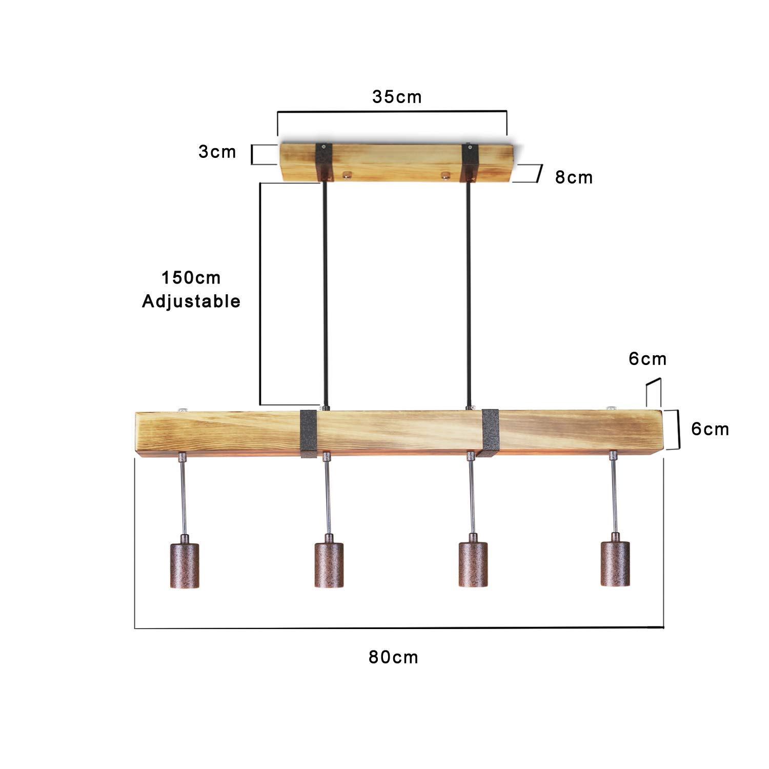 Lámpara de mesa de comedor colgante vintage de madera clara con vigas de madera de 80CM, 4 x E27 máx. 25 vatios, Lámpara colgante industrial regulable en altura para comedor, cocina, bar, restaurante — view 5